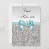 Faux Silver Sequins Blauwgroen Blue Bat Mitzvah Kaart (Voorkant)