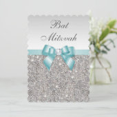 Faux Silver Sequins Blauwgroen Blue Bat Mitzvah Kaart (Staand voorkant)