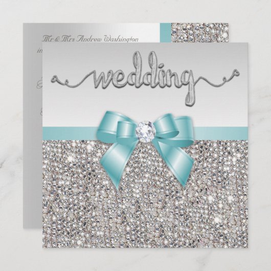 Faux Silver Sequins Blauwgroen Blue Bow Wedding Kaart (Voorkant / Achterkant)