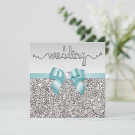 Faux Silver Sequins Blauwgroen Blue Bow Wedding Kaart (Staand voorkant)
