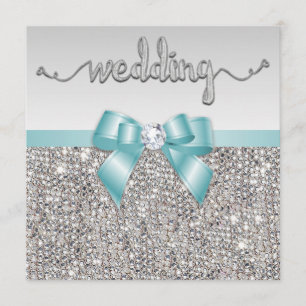 Faux Silver Sequins Blauwgroen Blue Bow Wedding Kaart