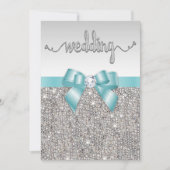 Faux Silver Sequins Blauwgroen Bow Wedding Typogra Kaart (Voorkant)