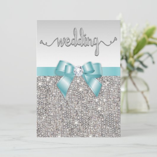Faux Silver Sequins Blauwgroen Bow Wedding Typogra Kaart (Staand voorkant)