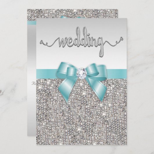 Faux Silver Sequins Blauwgroen Bow Wedding Typogra Kaart (Voorkant / Achterkant)