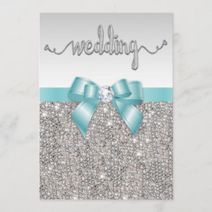 Faux Silver Sequins Blauwgroen Bow Wedding Typogra Kaart