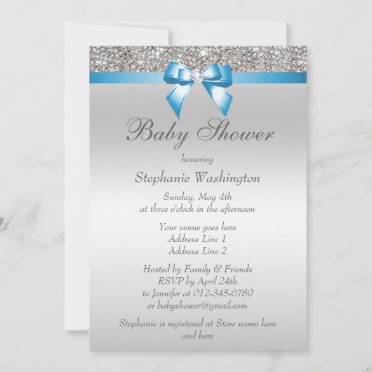 Faux Silver Sequins Blue Baby shower Kaart (Achterkant)