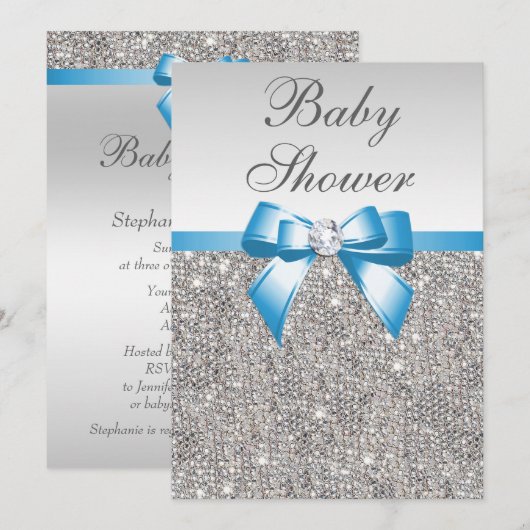 Faux Silver Sequins Blue Baby shower Kaart (Voorkant / Achterkant)