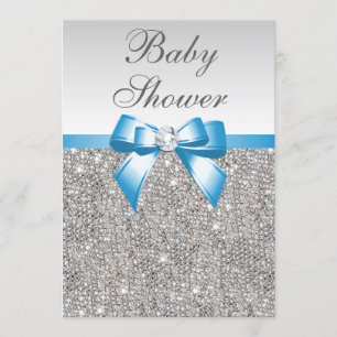 Faux Silver Sequins Blue Baby shower Kaart