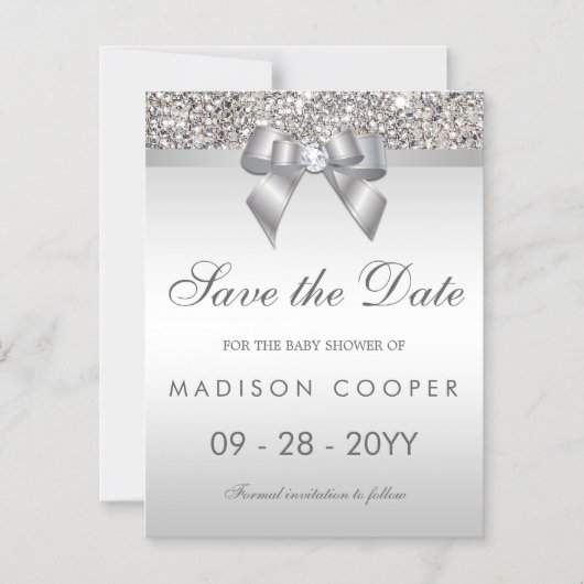Faux Silver Sequins Bow sparen het Baby shower van Magnetische Uitnodiging (Voorkant)