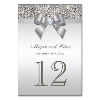 Faux Silver Sequins Bow Trouwtafel Nummer Kaarten