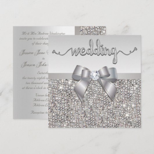 Faux Silver Sequins Bow Wedding Hearts Typografie Kaart (Voorkant / Achterkant)