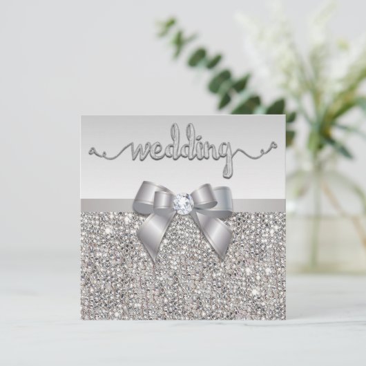 Faux Silver Sequins Bow Wedding Hearts Typografie Kaart (Staand voorkant)