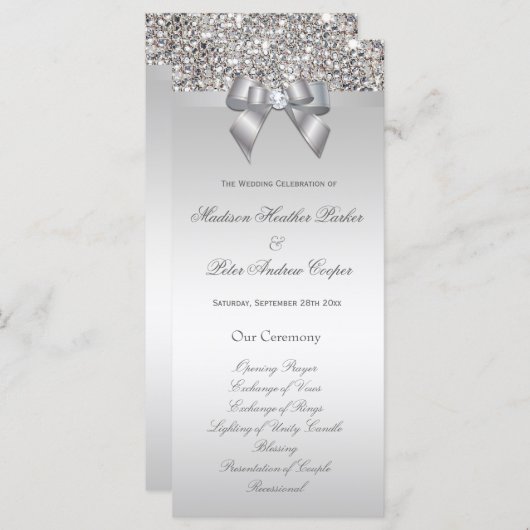 Faux Silver Sequins Bow Wedding Programma Programmakaart (Voorkant / Achterkant)