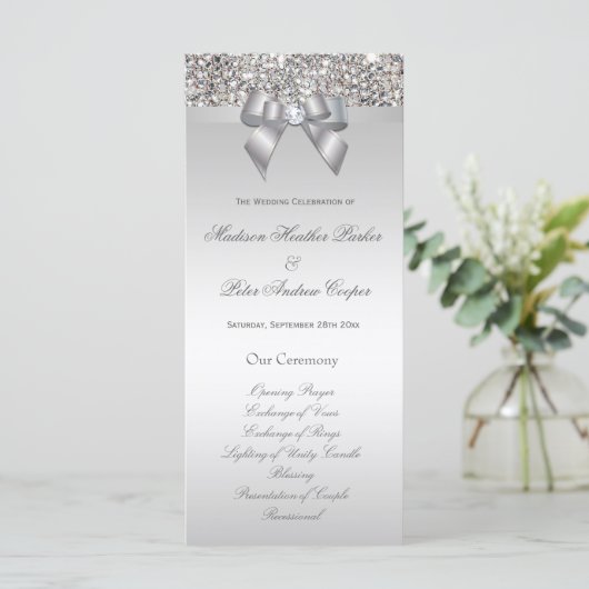 Faux Silver Sequins Bow Wedding Programma Programmakaart (Staand voorkant)