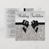 Faux Silver Sequins Diamonds Black Bow Wedding Kaart (Voorkant / Achterkant)