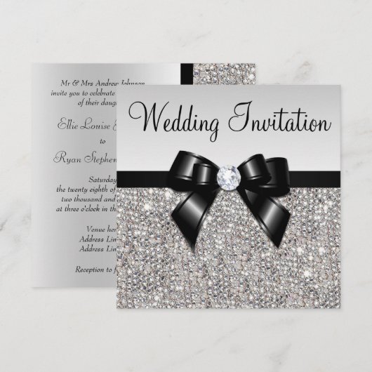 Faux Silver Sequins Diamonds Black Bow Wedding Kaart (Voorkant / Achterkant)