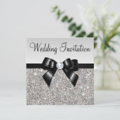 Faux Silver Sequins Diamonds Black Bow Wedding Kaart (Staand voorkant)