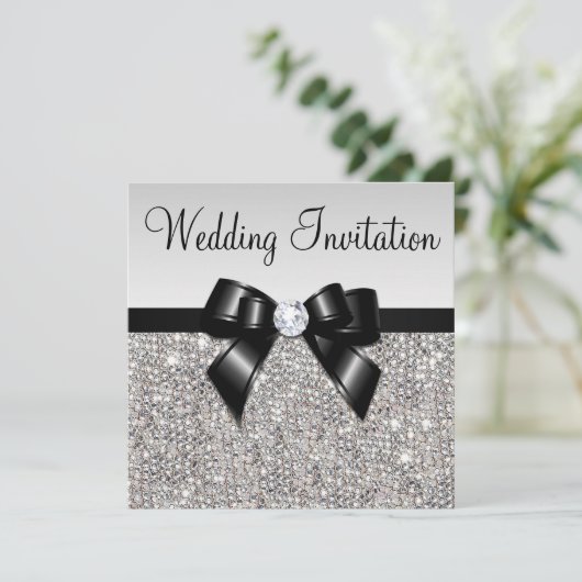 Faux Silver Sequins Diamonds Black Bow Wedding Kaart (Staand voorkant)