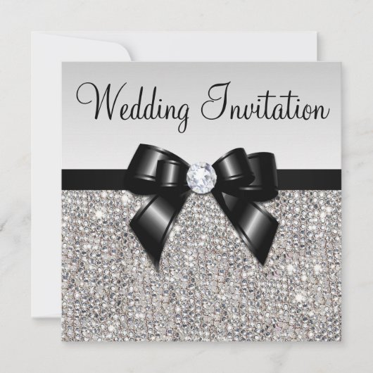 Faux Silver Sequins Diamonds Black Bow Wedding Kaart (Voorkant)