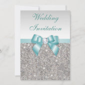 Faux Silver Sequins Diamonds Blauwgroen Bow Weddin Kaart (Voorkant)