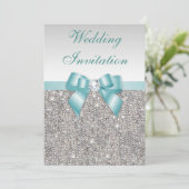 Faux Silver Sequins Diamonds Blauwgroen Bow Weddin Kaart (Staand voorkant)