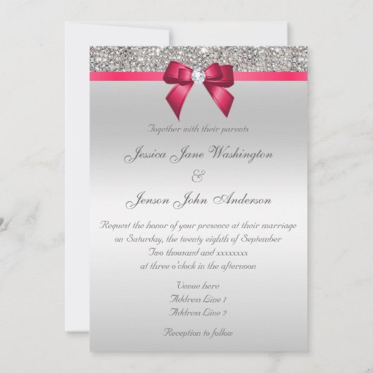 Faux Silver Sequins Diamonds & Bow Wedding Kaart (Achterkant)