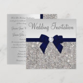Faux Silver Sequins Diamonds Dark Navy Bow Wedding Kaart (Voorkant / Achterkant)