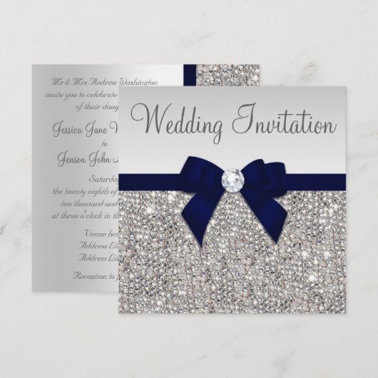 Faux Silver Sequins Diamonds Dark Navy Bow Wedding Kaart (Voorkant / Achterkant)