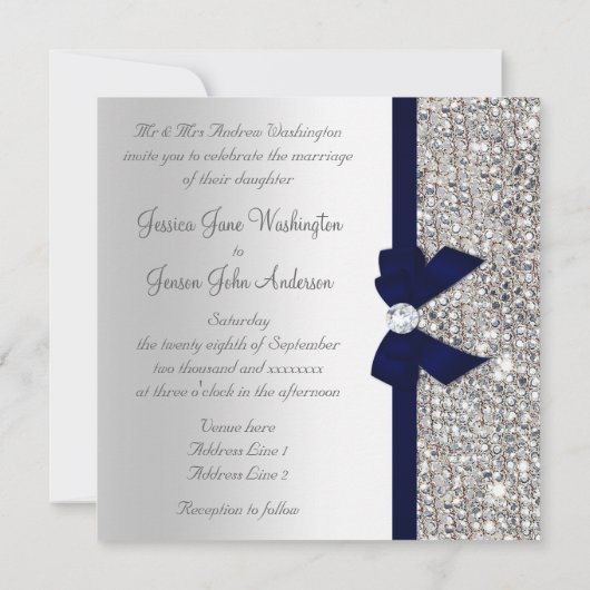 Faux Silver Sequins Diamonds Dark Navy Bow Wedding Kaart (Achterkant)