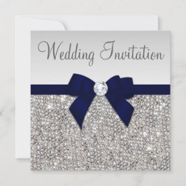 Faux Silver Sequins Diamonds Dark Navy Bow Wedding Kaart