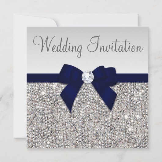 Faux Silver Sequins Diamonds Dark Navy Bow Wedding Kaart (Voorkant)