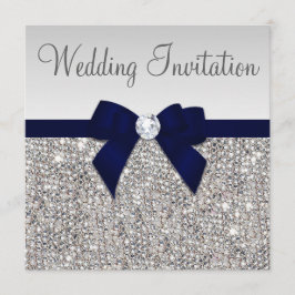 Faux Silver Sequins Diamonds Dark Navy Bow Wedding Kaart