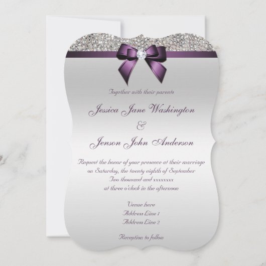 Faux Silver Sequins Diamonds Paars Bow Wedding Kaart (Achterkant)