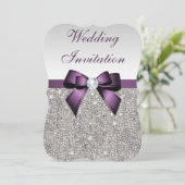 Faux Silver Sequins Diamonds Paars Bow Wedding Kaart (Staand voorkant)