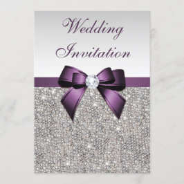 Faux Silver Sequins Diamonds Paars Bow Wedding Kaart