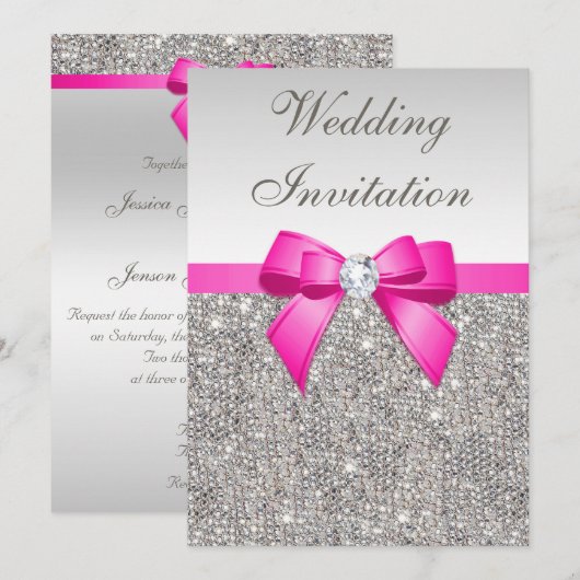 Faux Silver Sequins Diamonds Paars Bow Wedding Kaart (Voorkant / Achterkant)