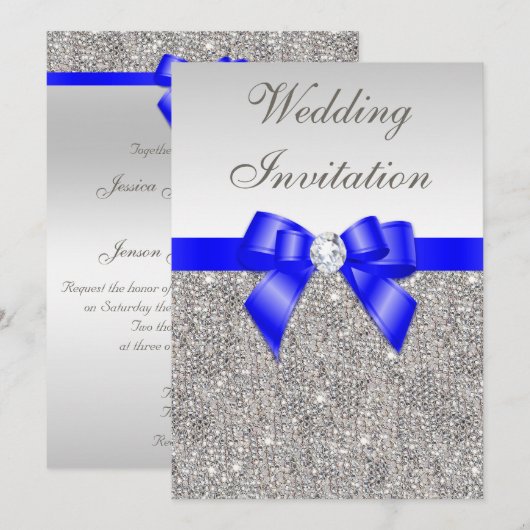 Faux Silver Sequins Diamonds Royal Blue Wedding Kaart (Voorkant / Achterkant)