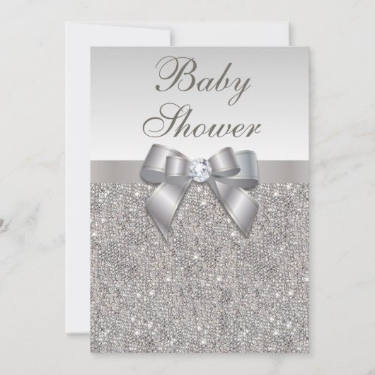 Faux Silver Sequins en Bow Neutral Baby shower Kaart (Voorkant)