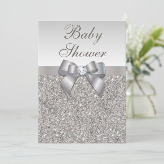 Faux Silver Sequins en Bow Neutral Baby shower Kaart (Staand voorkant)