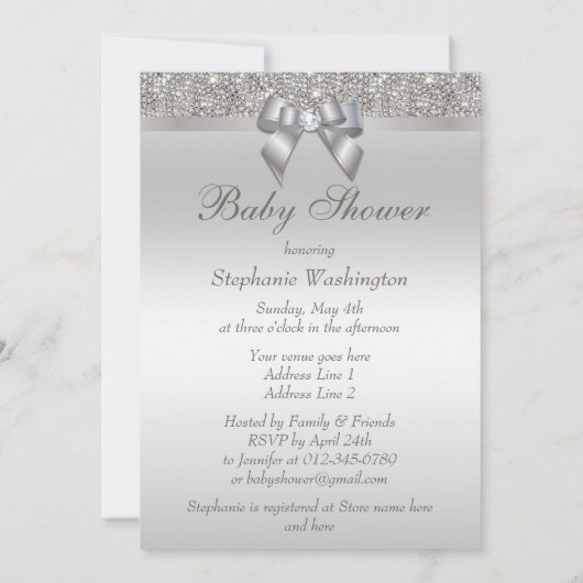 Faux Silver Sequins en Bow Neutral Baby shower Kaart (Achterkant)