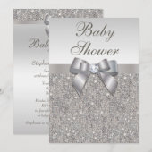 Faux Silver Sequins en Bow Neutral Baby shower Kaart (Voorkant / Achterkant)
