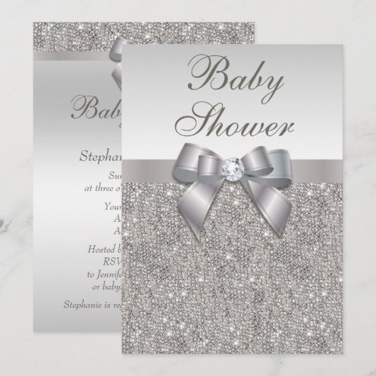 Faux Silver Sequins en Bow Neutral Baby shower Kaart (Voorkant / Achterkant)