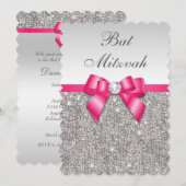 Faux Silver Sequins Hot Pink Bow Bat Mitzvah Kaart (Voorkant / Achterkant)