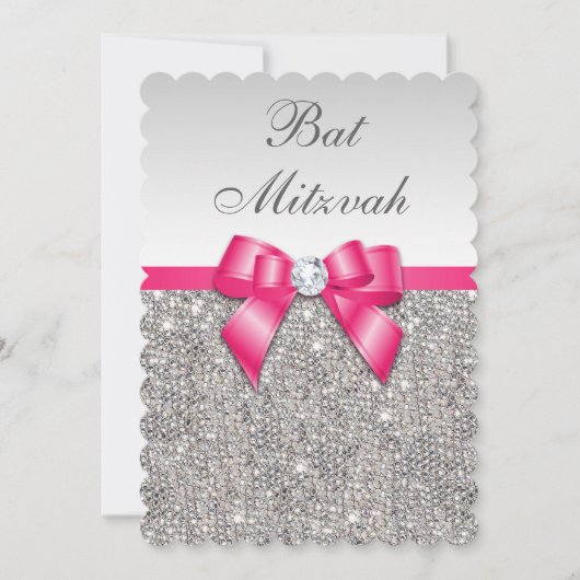 Faux Silver Sequins Hot Pink Bow Bat Mitzvah Kaart (Voorkant)