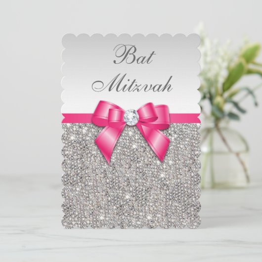 Faux Silver Sequins Hot Pink Bow Bat Mitzvah Kaart (Staand voorkant)