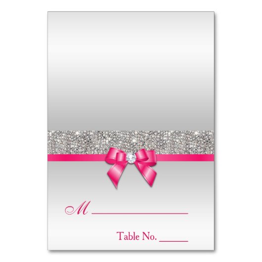 Faux Silver Sequins Hot Pink Bow Place Card Kaart (Voorkant)
