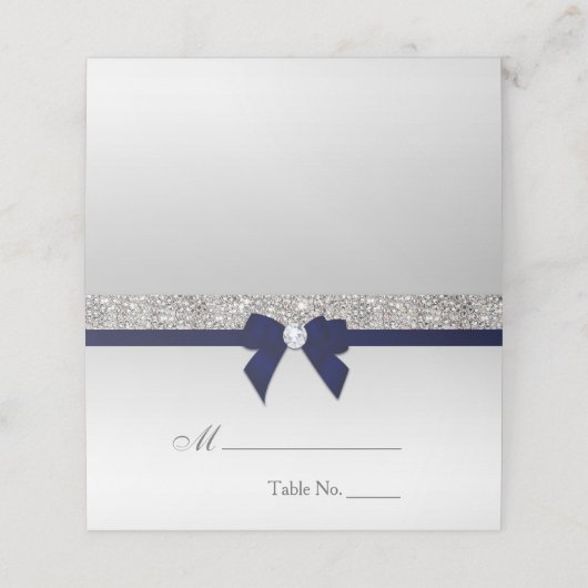Faux Silver Sequins Navy Bow Place Card Plaatskaartje (Buitenkant ongevouwen)