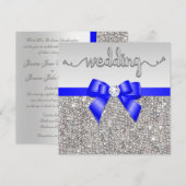 Faux Silver Sequins Royal Blue Bow Wedding Kaart (Voorkant / Achterkant)