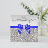 Faux Silver Sequins Royal Blue Bow Wedding Kaart (Staand voorkant)