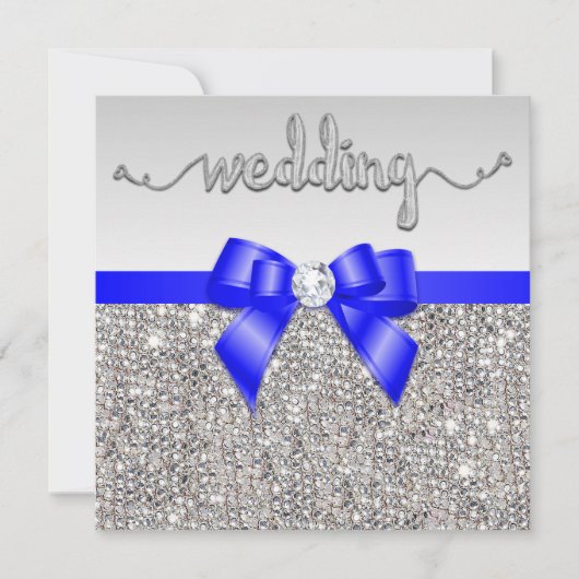 Faux Silver Sequins Royal Blue Bow Wedding Kaart (Voorkant)